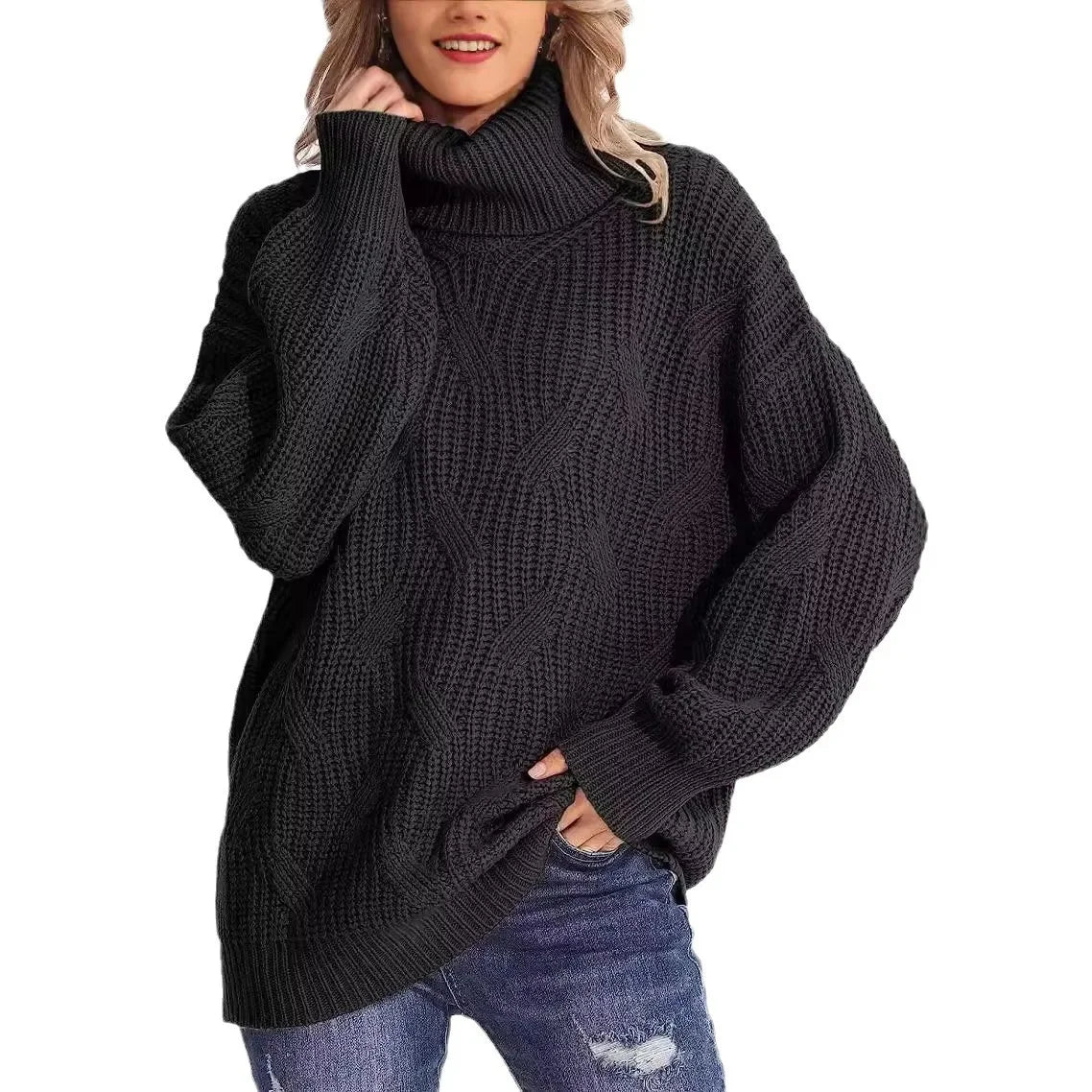 Pull polo ample à col roulé pour femmes