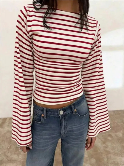 T-shirt Rayé Femme – Col Bateau et Manches Évasées