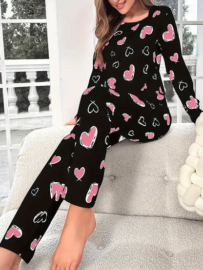 Pyjama à Cœurs Femme – Maille Côtelée et Volants