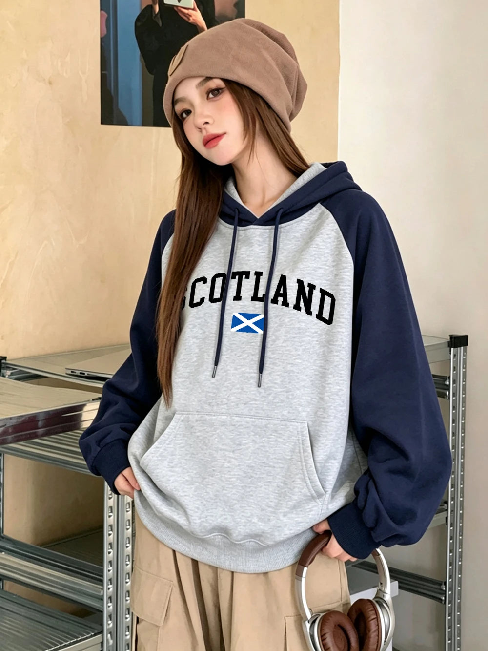 Sweat-shirts à capuche raglan imprimés motif Écosse pour femmes