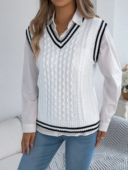 Pull Sans Manches Femme – Maille Torsadée et Col V
