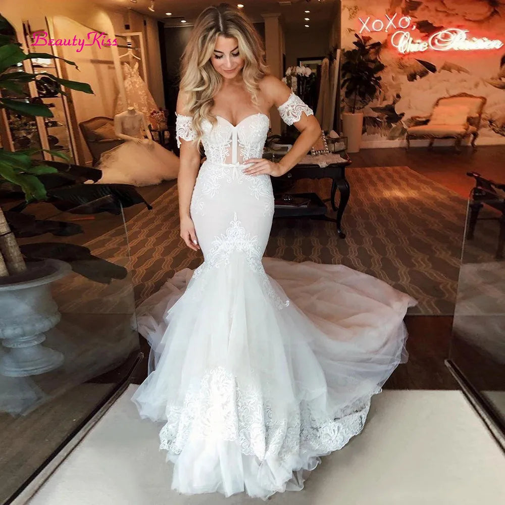 Robe de mariée sirène bustier cœur style bohème pour femmes