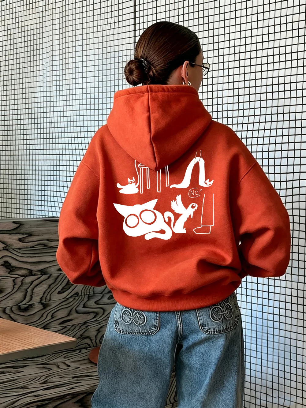 Sweat à capuche imprimé chat rigolo pour femmes
