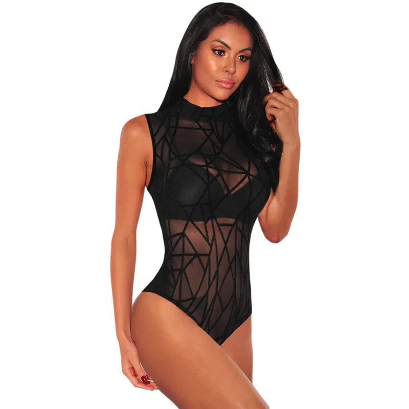 Body transparente en maille à manches longues pour femmes