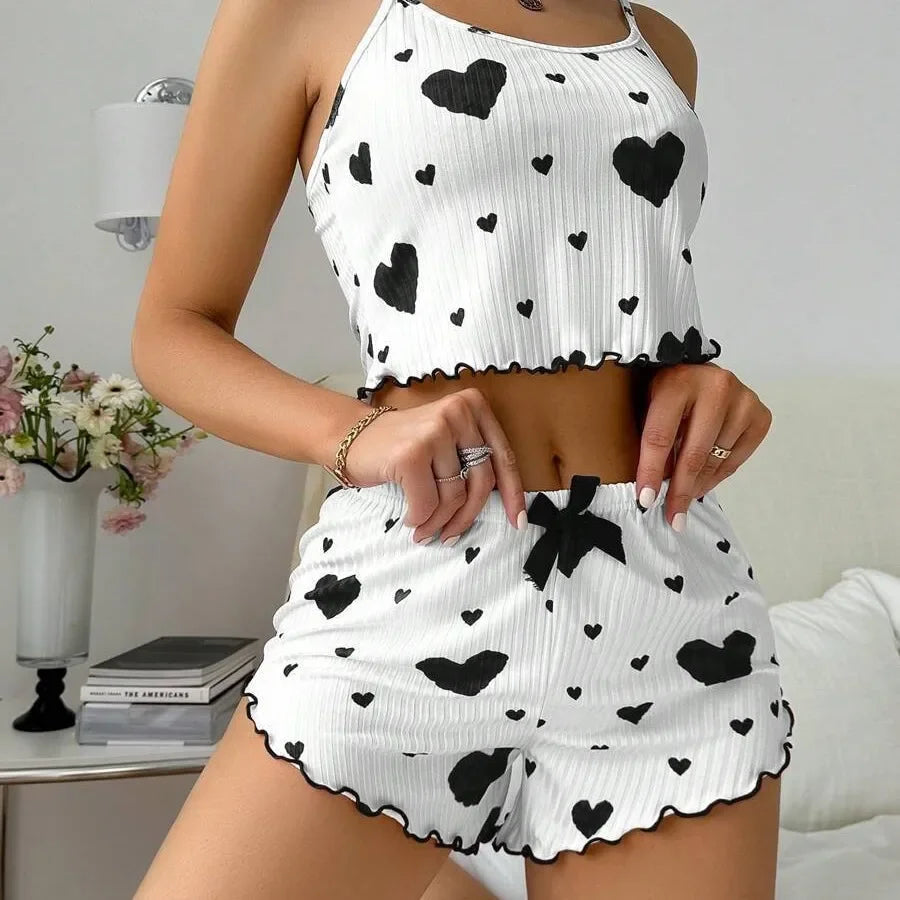 Pyjama d’Été Femme – Débardeur et Short à Cœurs