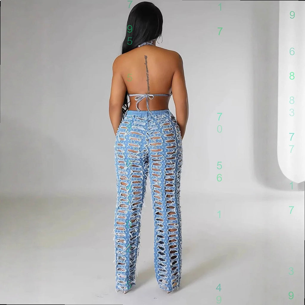 Pantalon large déchiré et effiloché uni pour femmes