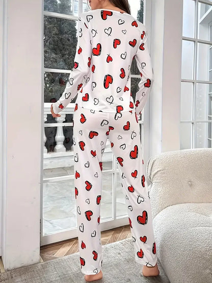 Pyjama à Cœurs Femme – Maille Côtelée et Volants