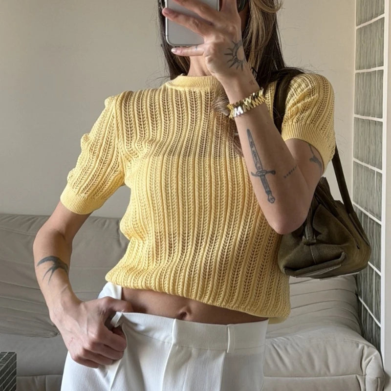 T-shirt en maille côtelée ajourée pour femmes