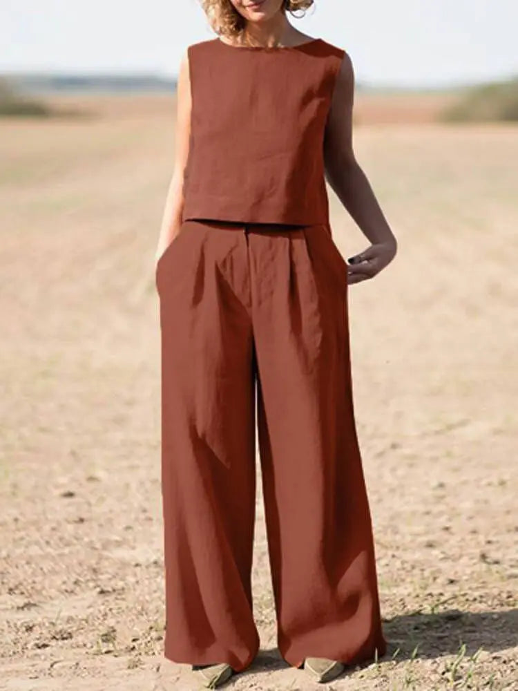 Ensemble deux pièces haut ample à col rond et pantalon à jambes larges pour femmes