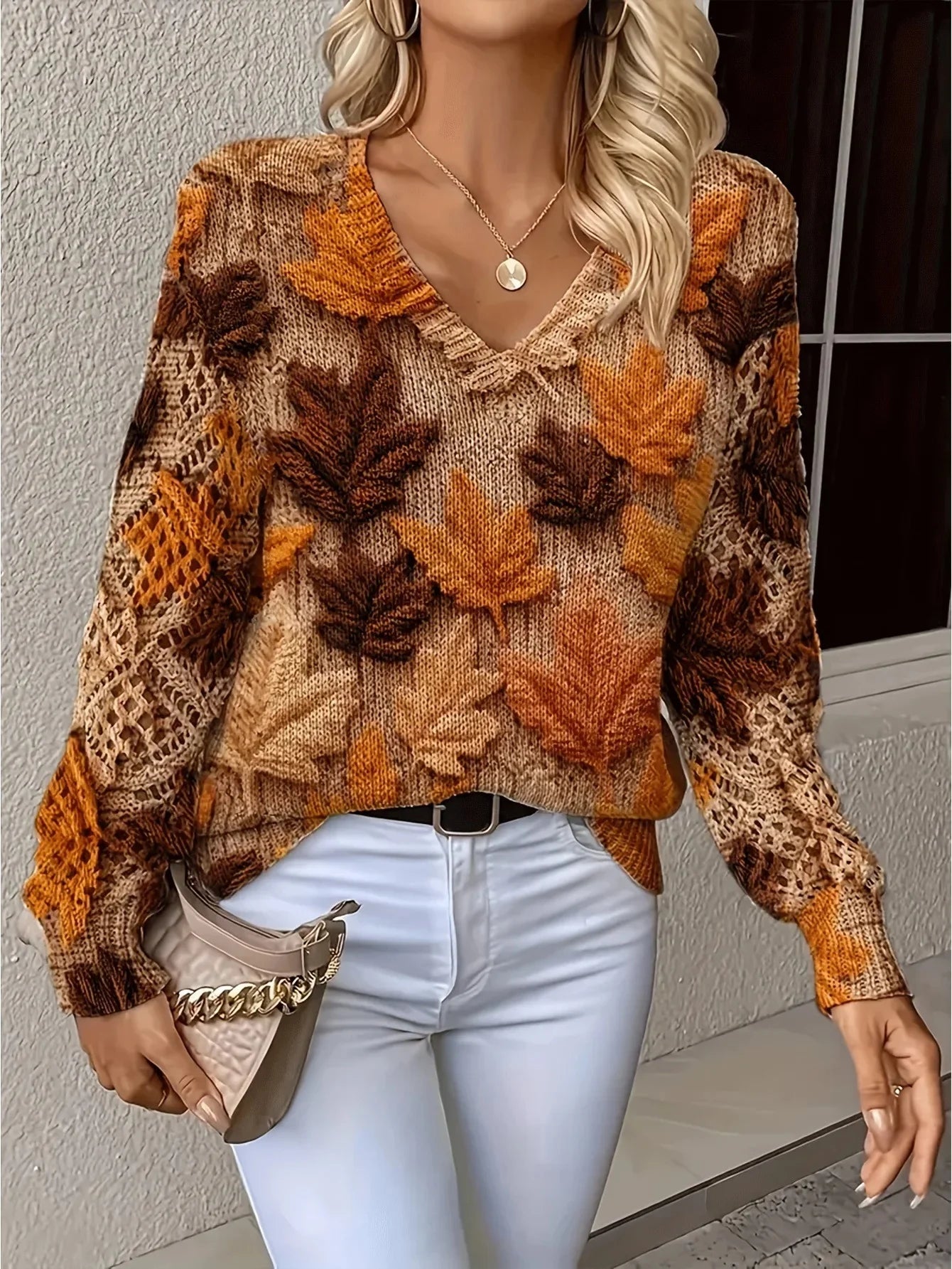 Pull à manches longues et col en v pour femmes