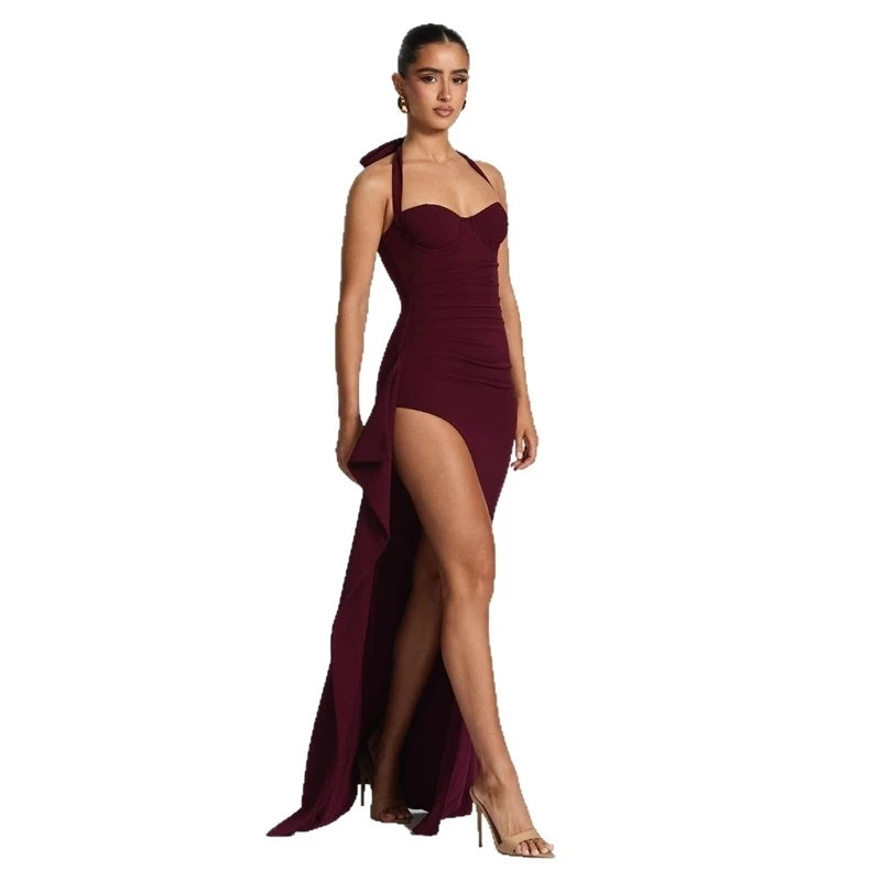 Robe longue sexy dos nu pour femme, style mode, avec lacets, sans manches, taille haute, fente cuisse haute, moulante, pour soirée et club