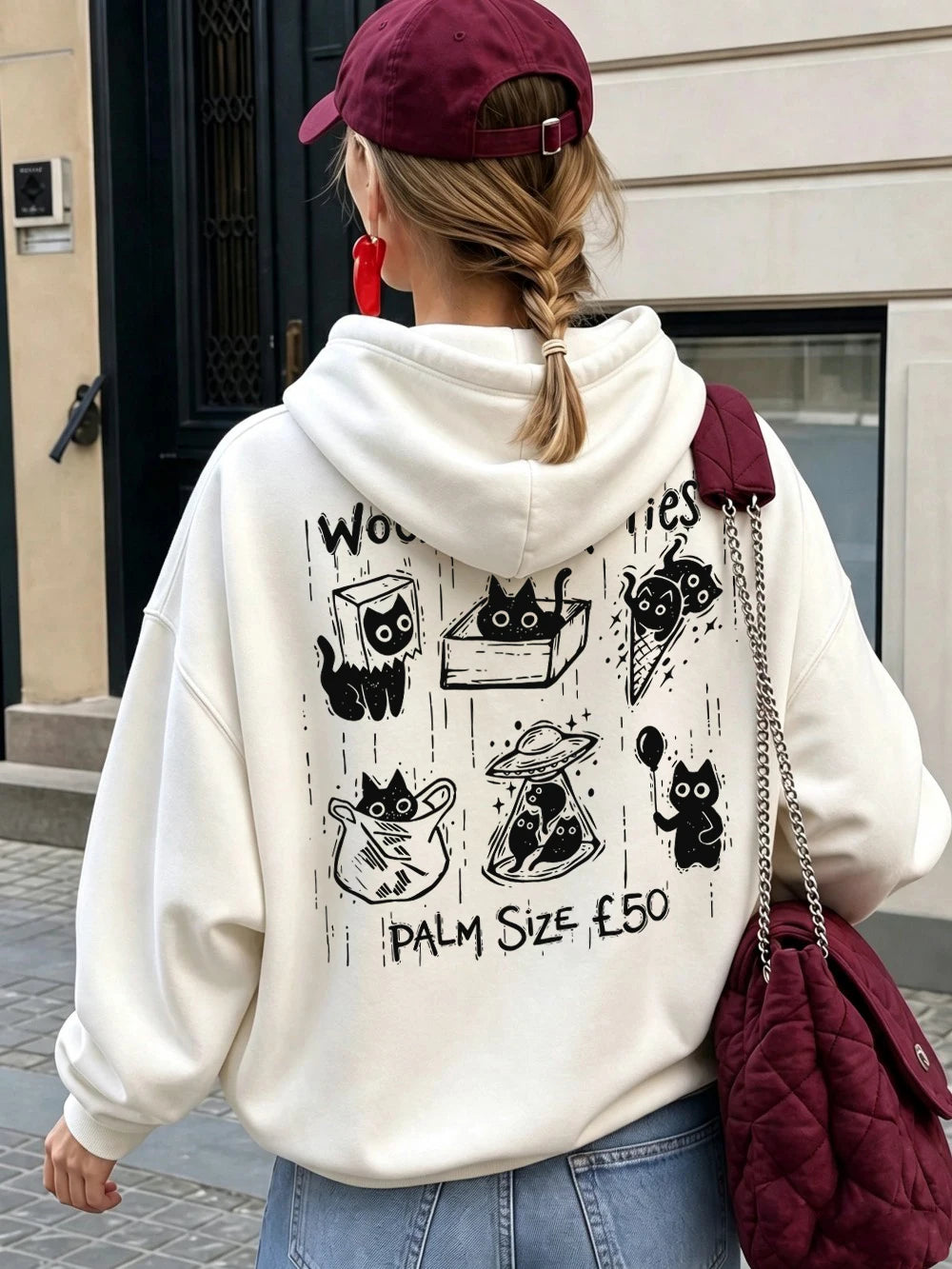 Sweat-shirts à capuche imprimés Woodcut Boxes Pocket Kitties pour femmes