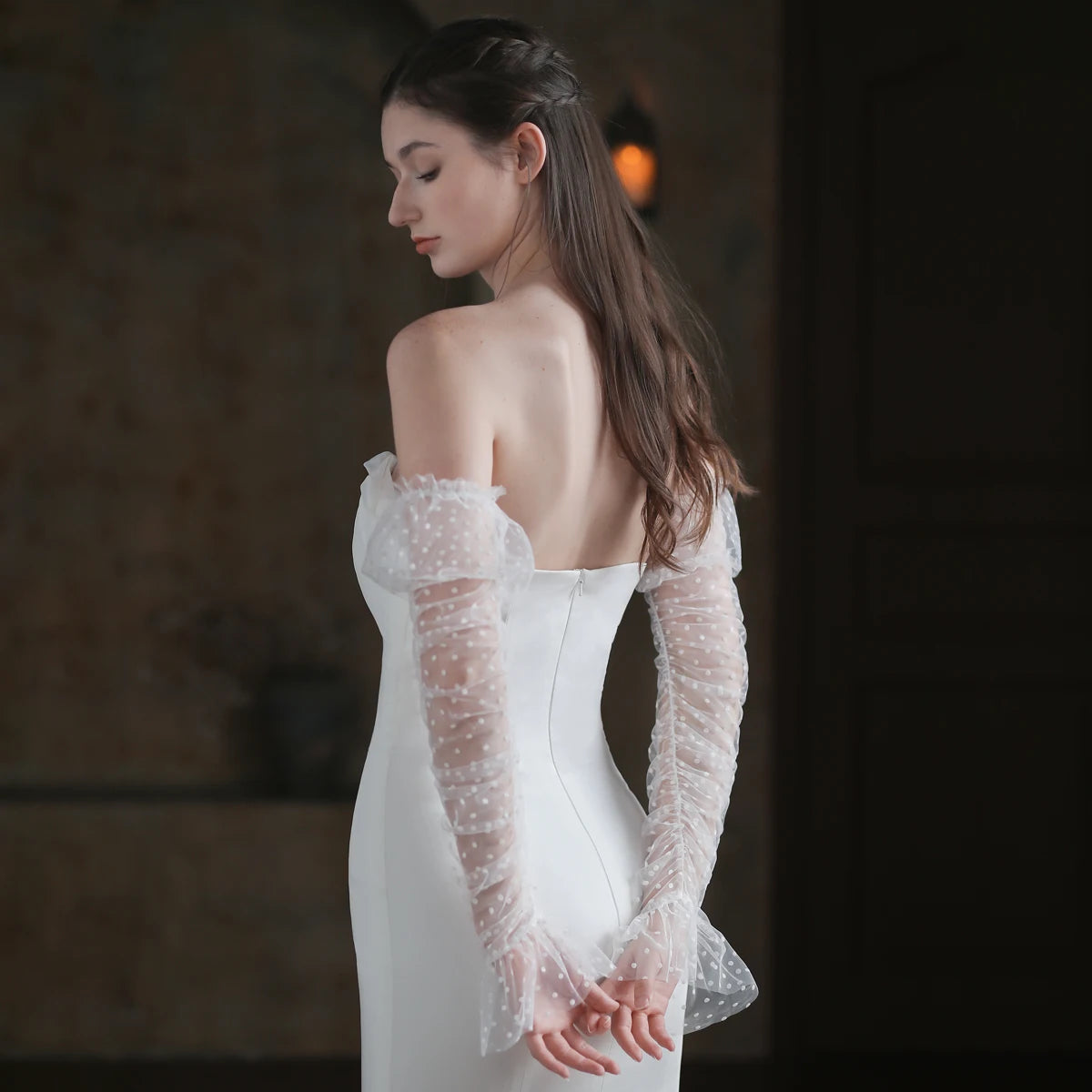 Gants blancs à manches longues en tulle à volants pour femmes
