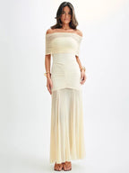Robe longue épaules dénudées, dos nu, mode maille, sans bretelles, sans manches, moulant pour femmes