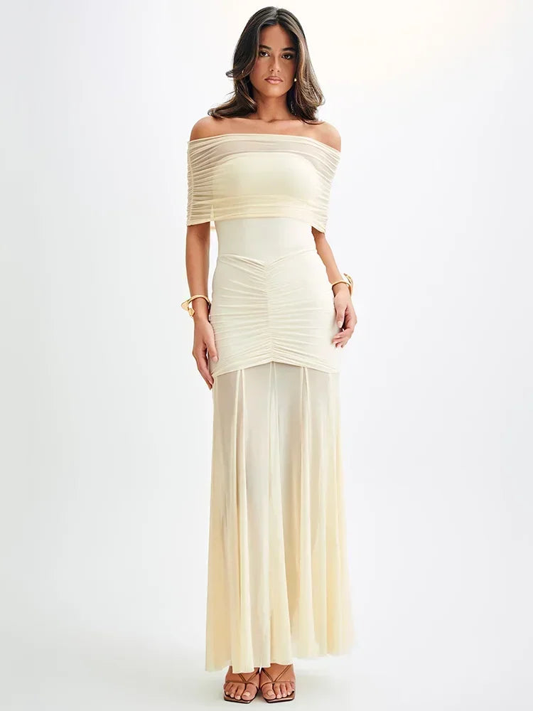 Robe longue épaules dénudées, dos nu, mode maille, sans bretelles, sans manches, moulant pour femmes