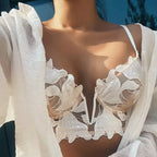 Ensemble de soutien-gorge et tongs en dentelle brodée de fleurs pour femmes
