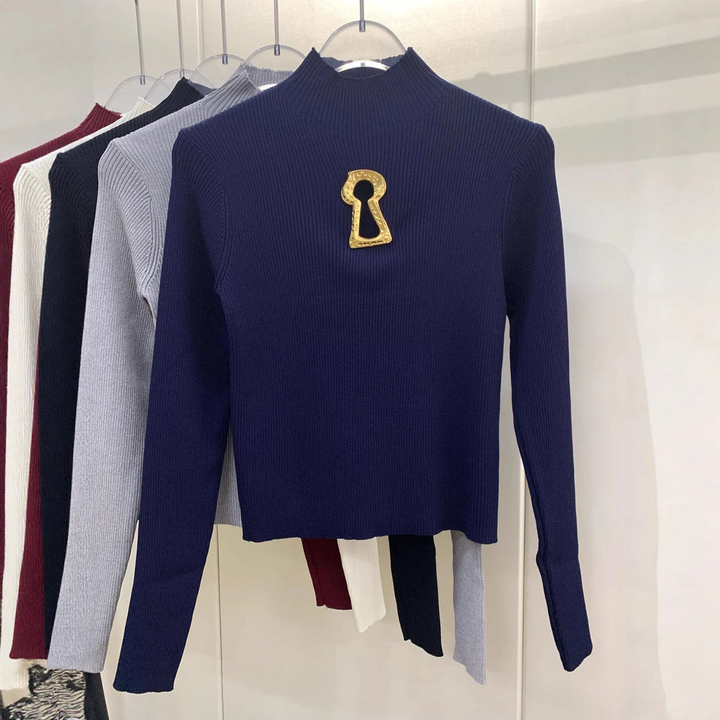 Pull tricoté ajouré à col mi-haut à manches longues pour femmes