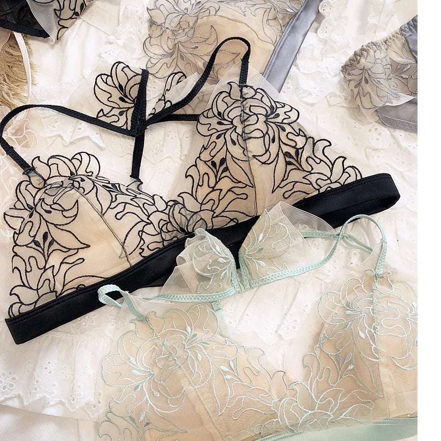 Ensemble soutien-gorge brodé en dentelle français et culotte pour femmes