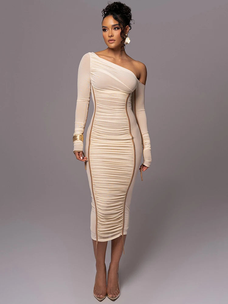 Robe à col diagonal et manches longues pour femmes