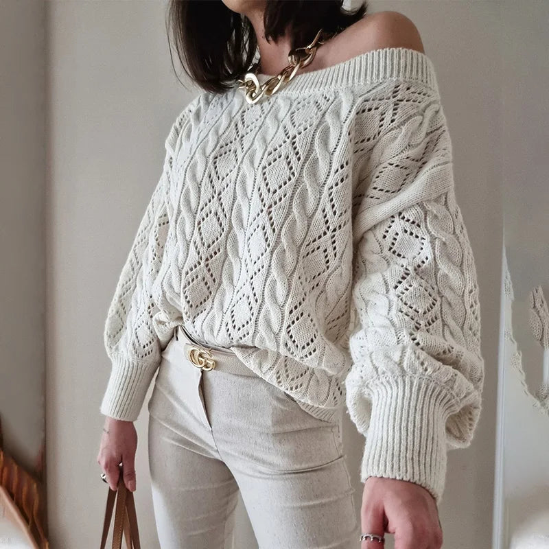 Pull tricoté ajouré à épaules dénudées pour femmes