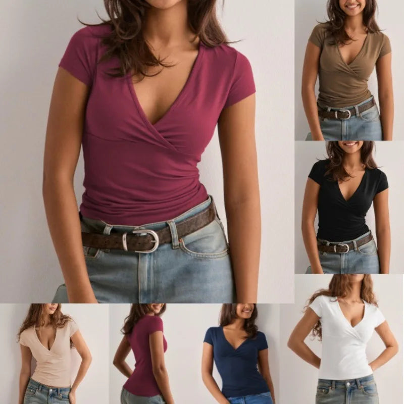 T-Shirt Slim Femme – Col V et Manches Courtes