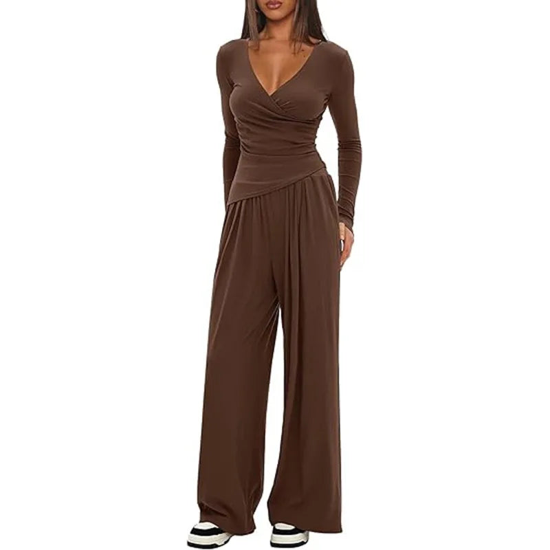 Ensemble deux pièces pantalon à jambes larges et haut à manches longues pour femmes