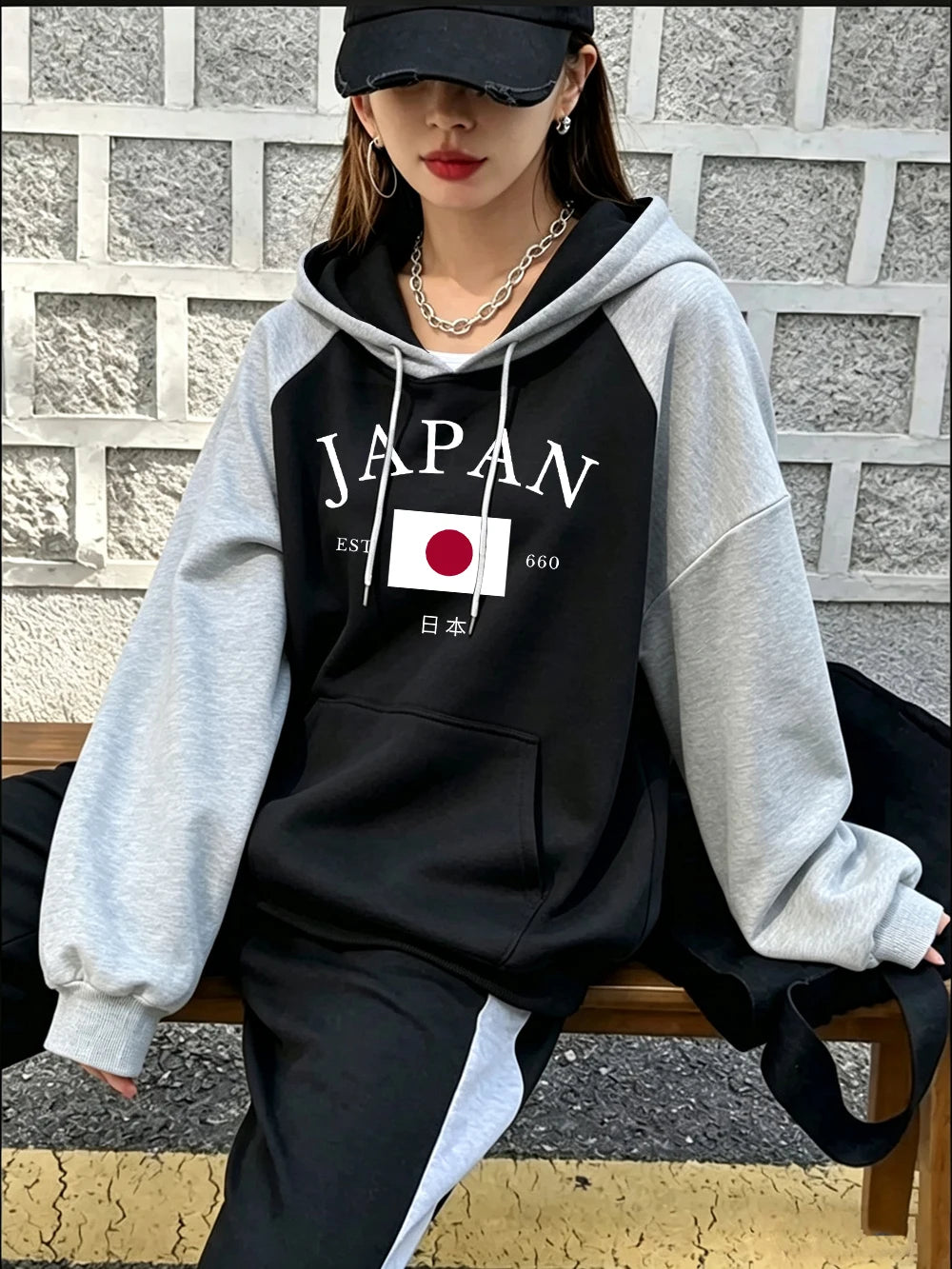 Sweat à capuche raglan imprimé Japon Est 660 pour femmes