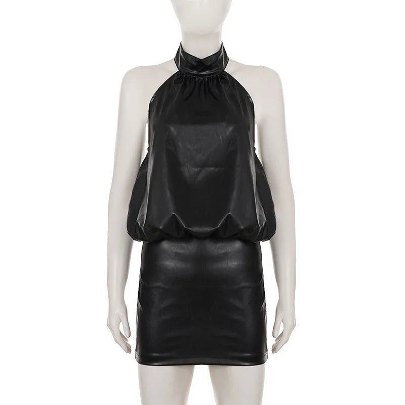 Robe dos nu sexy en similicuir style années 2000 pour femmes