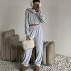 Ensemble deux pièces cardigan à capuche à manches longues et pantalon taille élastiquée pour femmes