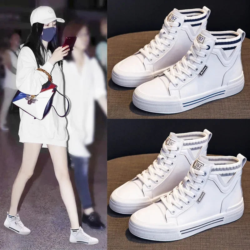 Basket montantes polyvalentes en cuir véritable pour femmes