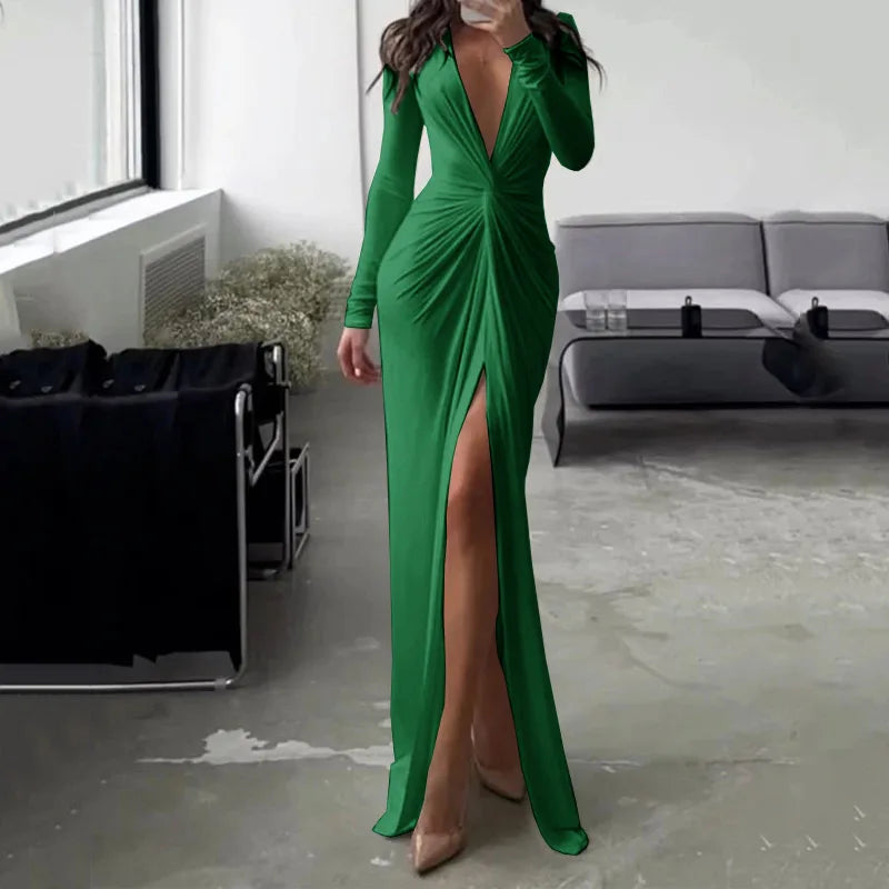 Robe de soirée fendue à col en V profond pour femmes
