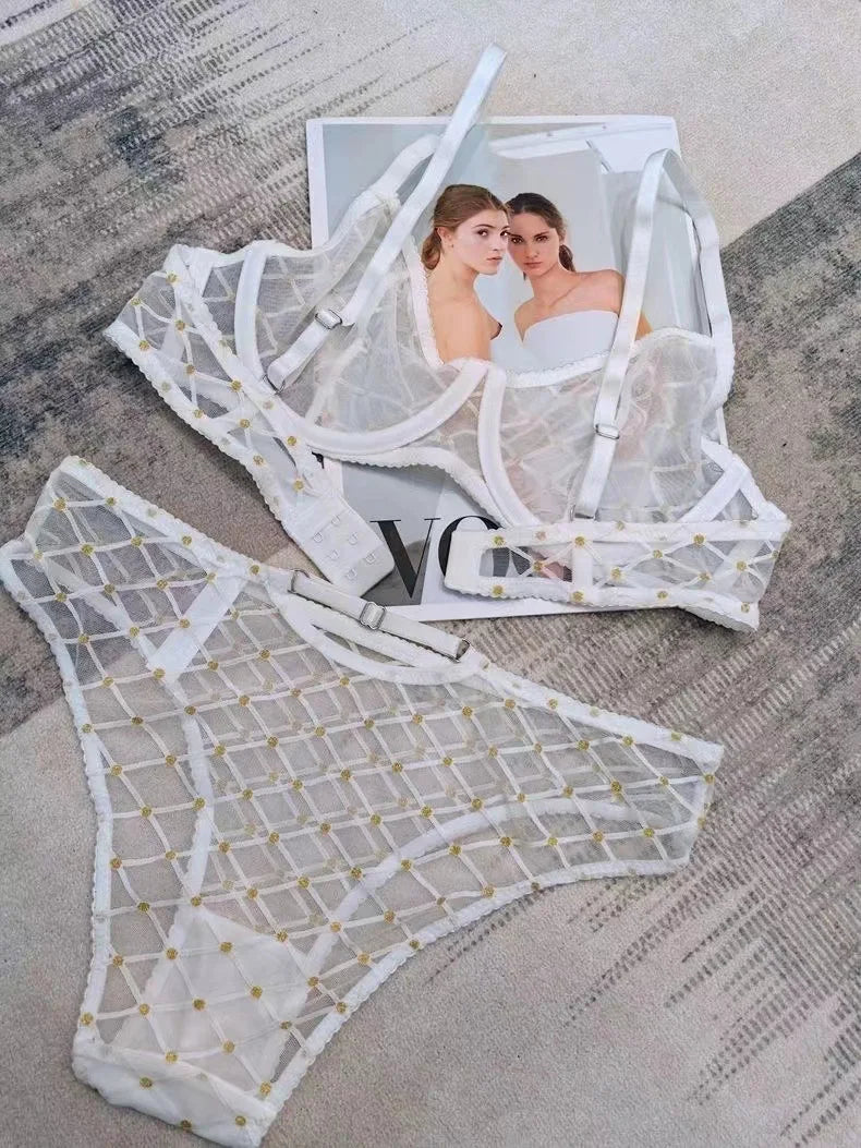 Ensemble soutien-gorge ajouré et respirant en dentelle et culotte pour femmes
