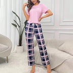 Ensemble de pyjama 2 pièces à imprimé lettre t-shirt doux et confortable et pantalon long à carreaux pour femmes