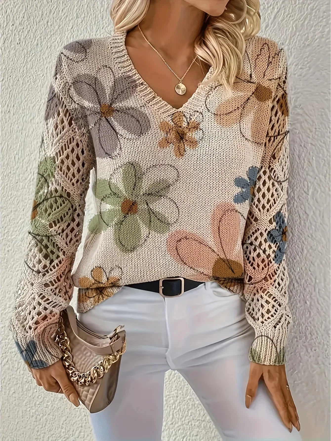 Pull à manches longues et col en v pour femmes