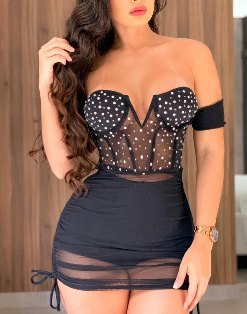 Ensemble mini robe moulante sexy à épaules dénudées et strass pour femmes