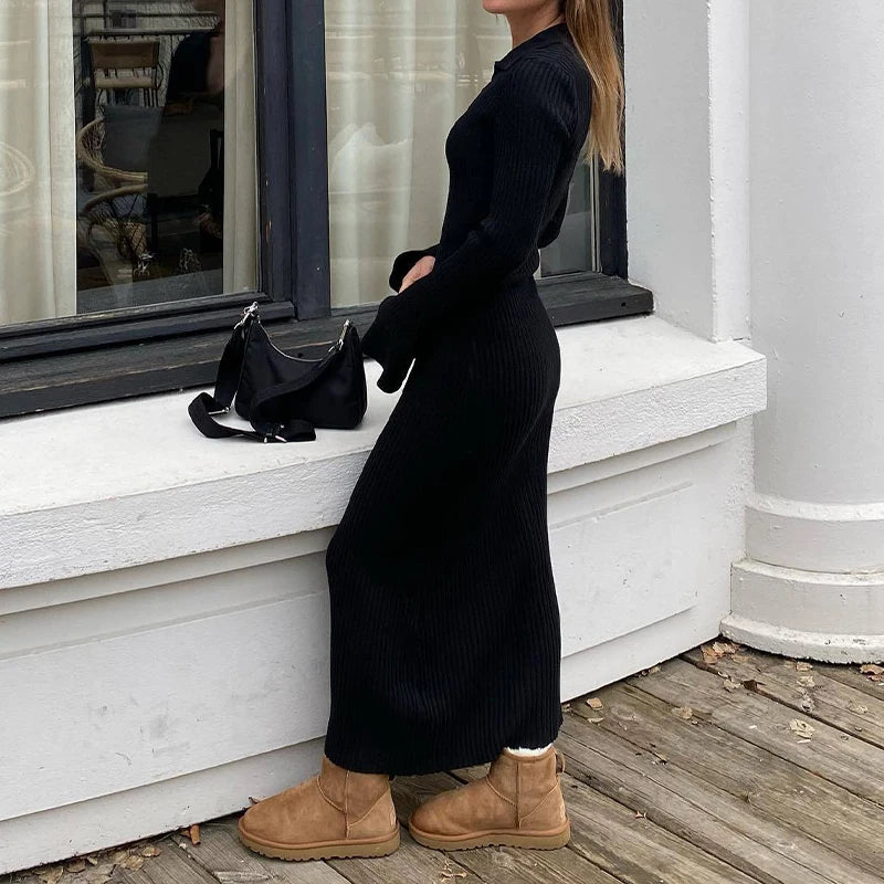 Robe longue femme en maille ajustée à col V et manches longues