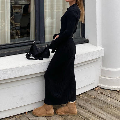 Robe longue femme en maille ajustée à col V et manches longues