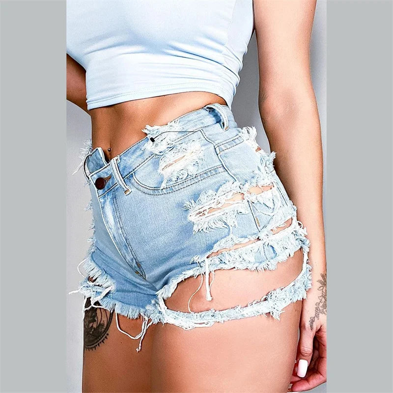 Short en jean à trous cassés irréguliers pour femmes
