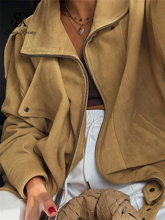 Veste Vintage Femme – Daim, Revers et Ceinture
