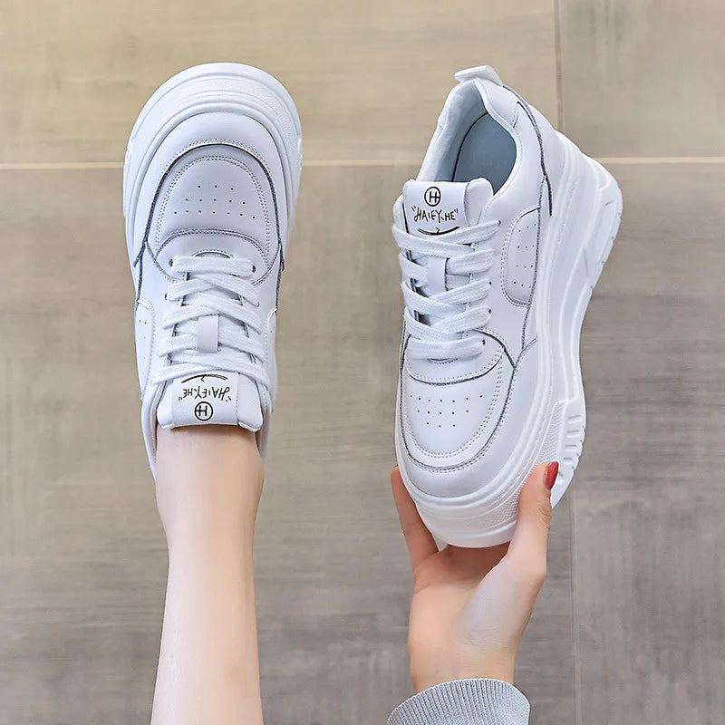Baskets épaisses en cuir véritable pour femmes