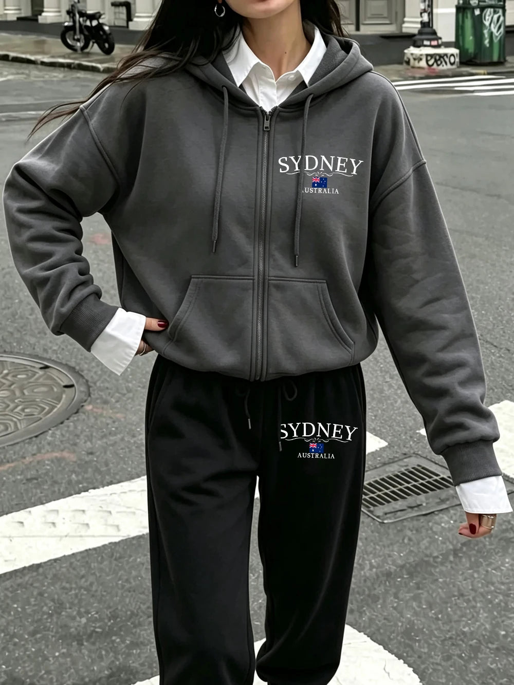 Ensemble 2 pièces sweat à capuche zippé et pantalon de jogging imprimés Sydney Australie pour femmes