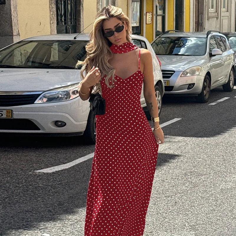Robe longue slim noire à pois pour femmes