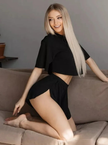 Pyjama Noir 2 Pièces Femme – Haut Court et Short