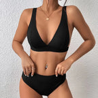 Maillot de bain deux pièces à rayures, couleur unie, petite fente, taille haute, col en v, bikini, pour femmes
