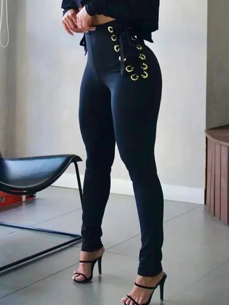 Pantalon slim sans ceinture décontracté taille haute femmes