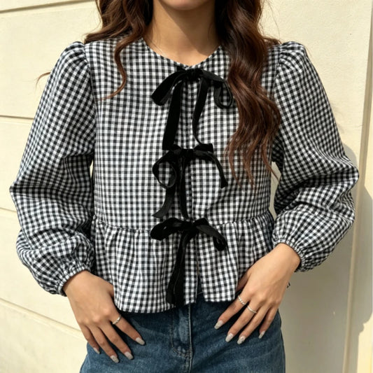 Chemise Courte à Carreaux Femme – Manches Bouffantes