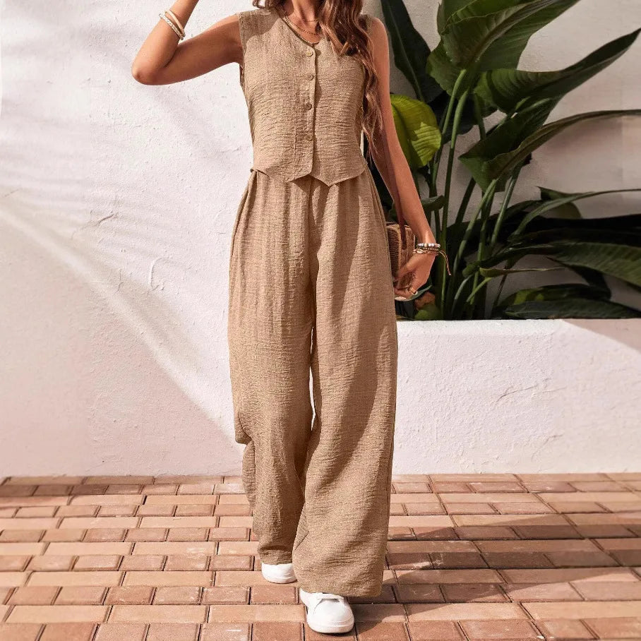 Ensemble deux pièces en coton lin gilet court haut + pantalon pour femmes
