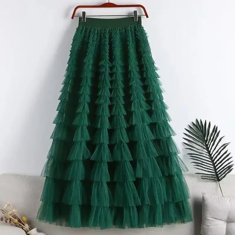 Jupe longue plissée taille haute en tulle pour femmes