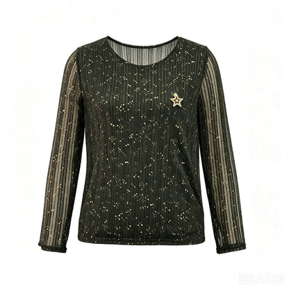 Chemisier Transparent Femme – Col Rond et Broche Étoile