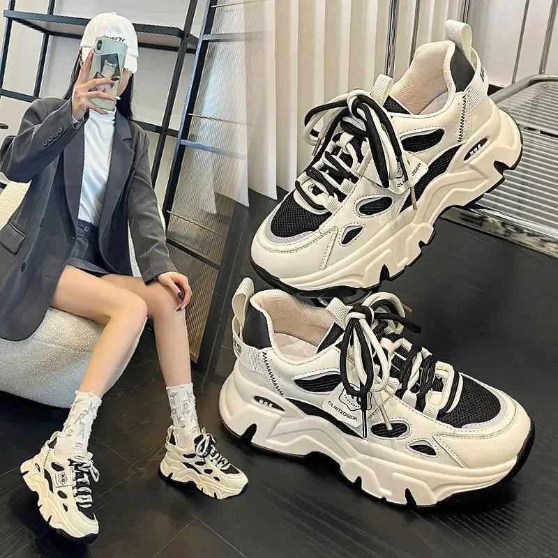 Baskets compensées en cuir véritable pour femmes